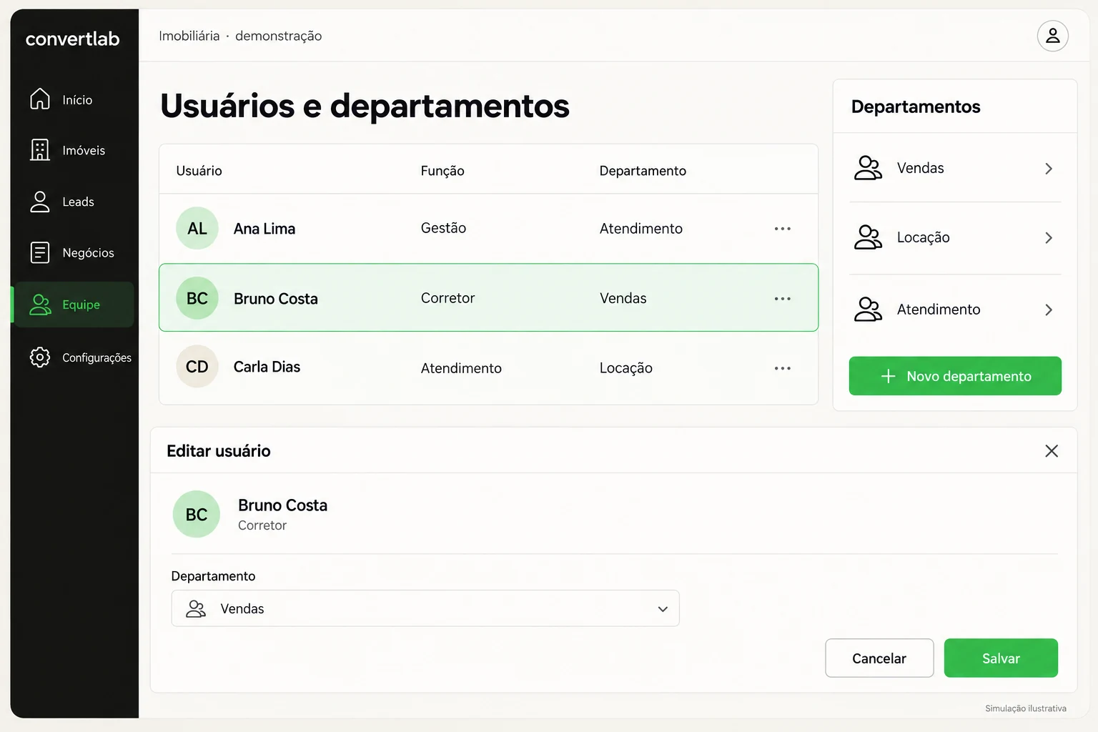 Simulação da gestão de usuários e da atribuição de um corretor ao departamento de vendas.