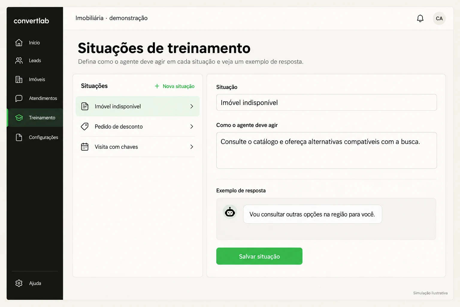 Simulação da configuração de como o agente deve agir quando um imóvel está indisponível.